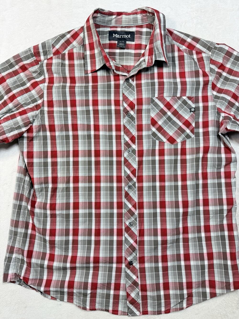 Marmot Eldorado Plaid Button Up Shirt XL Men Short Sleeve Red Gray Tech Hiking